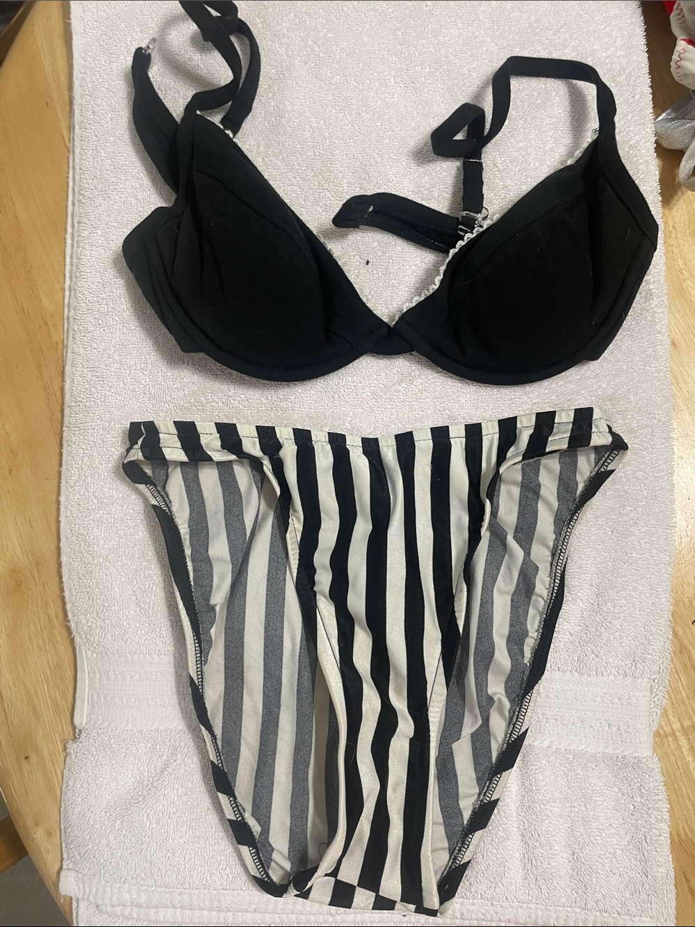 Black Bra and Black-&-White Striped Bikini Bottom